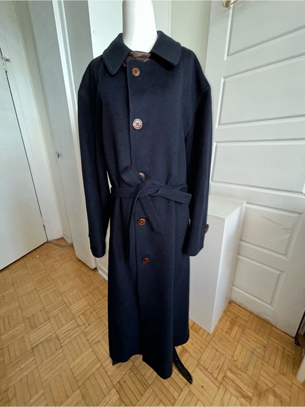 Le Lavalois Navy Wool Cashmere Belted Long Coat